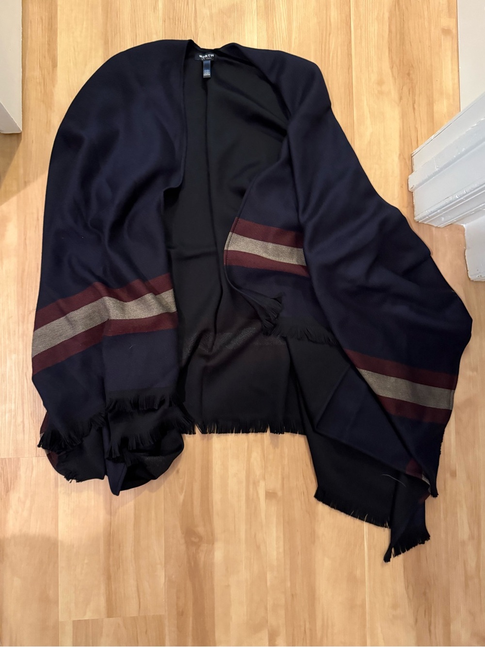 Worth Navy Wrap Cape with Burgundy and Taupe Stripes
